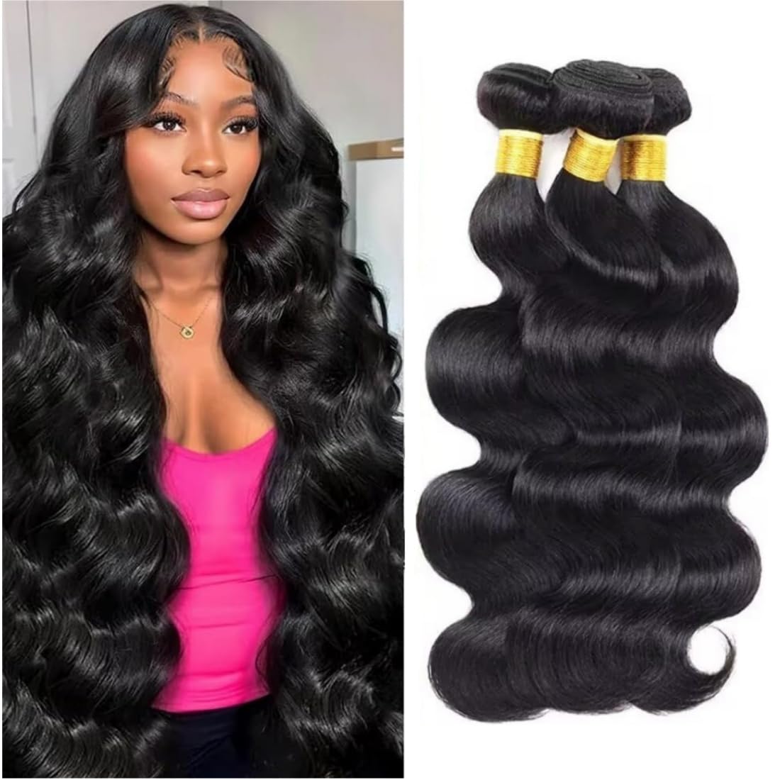 Human Hair Bundles Body Wave Human Hair Weave 3 Bundles 16 18 20 Inch 100% Unprocessed Brazilian Virgin Human Hair Extensions Quick Weave for Black Women Natural Black