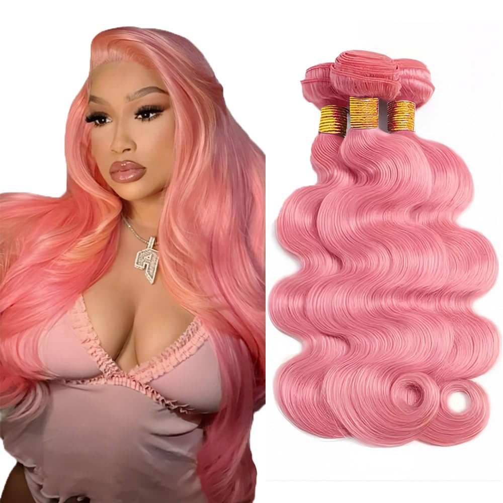 Pink Bundles Human Hair Body Wave Bundles 18 20 22 Inch Body Wave Bundles Unprocessed Brazilian Virgin Hair Deals Quick Weave Hair Extensions 3 Bundle 50 Gram Per Bundle