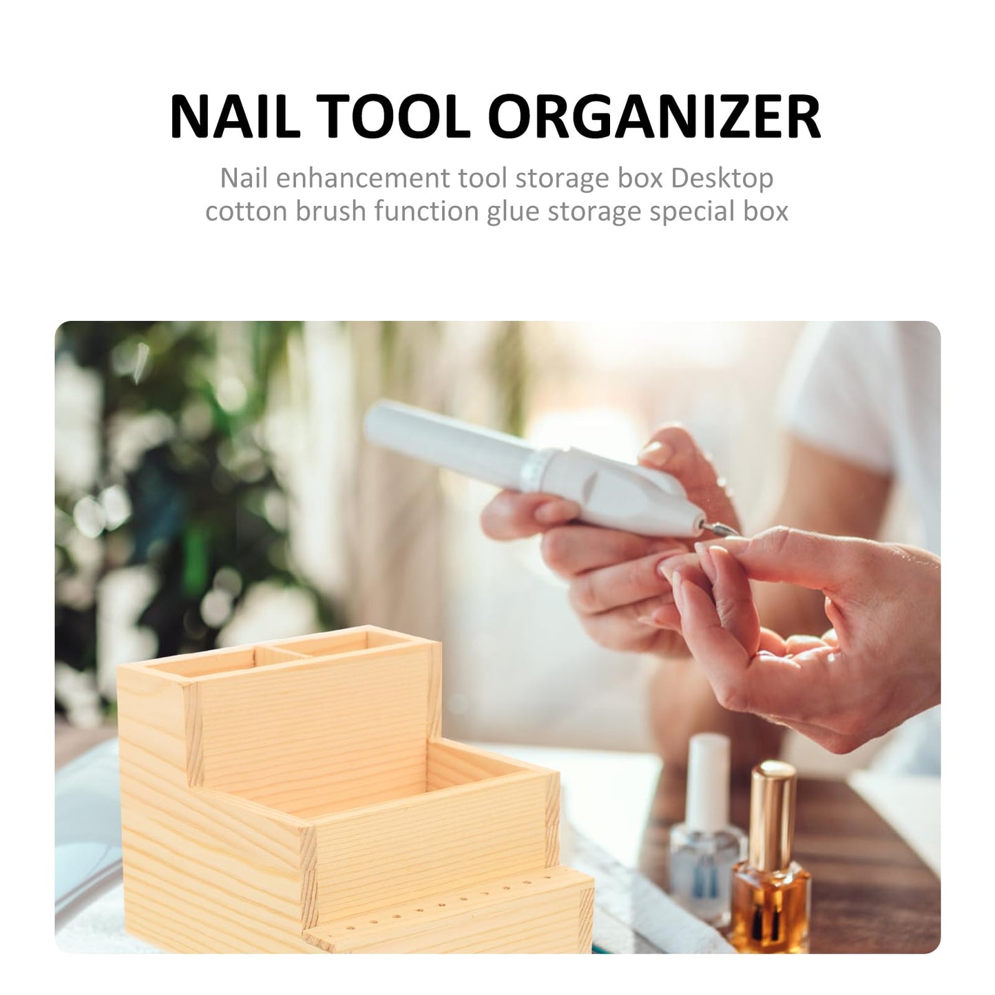 Beavorty Nail Tool Organizer Wooden Desktop Storage Box 4.84X4.52X3.93In Manicure Drill Bit Holder and Makeup Brush Container for Office and Home