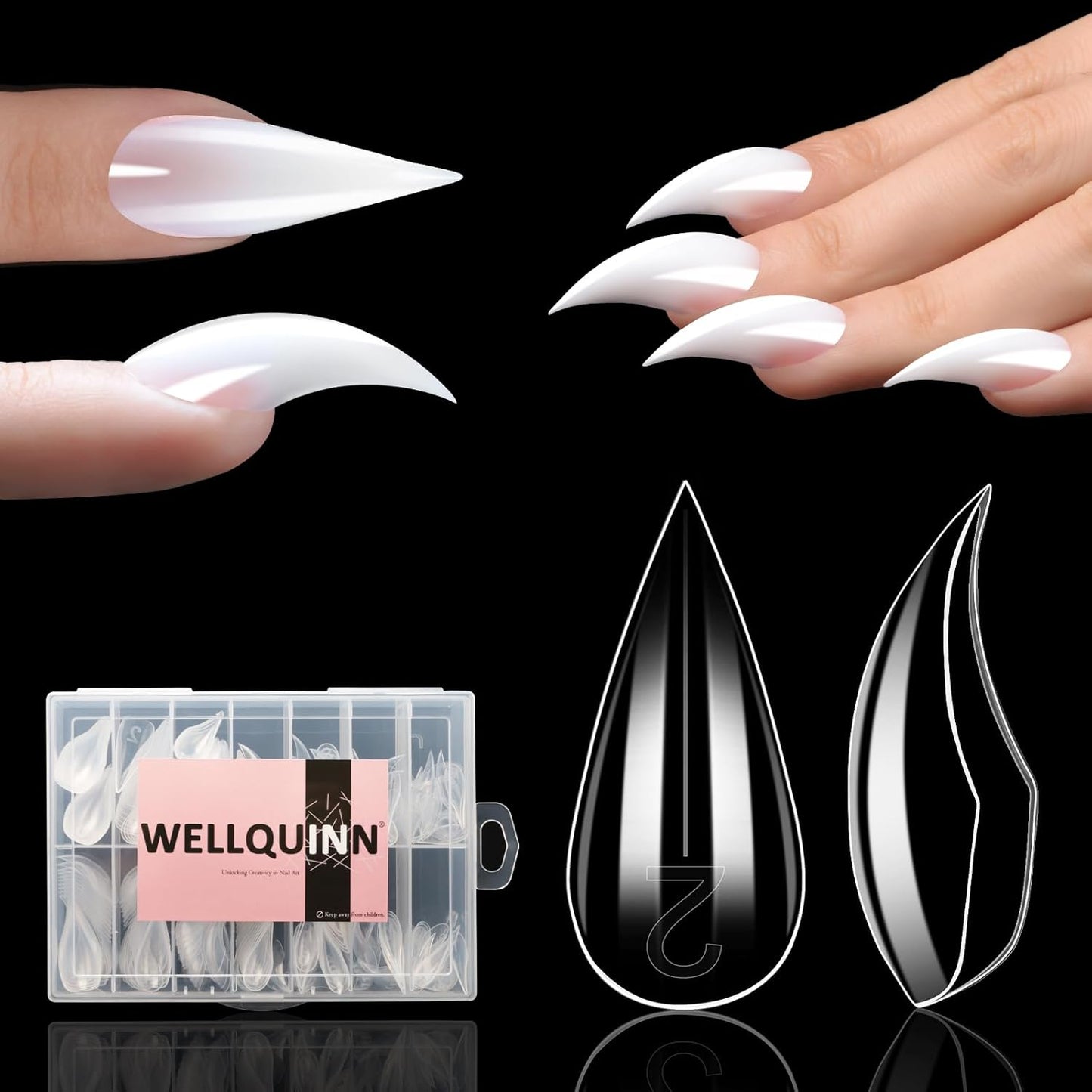 Long Curved Stiletto Nail Tips - 300 Pcs XXL Dragon Claw Full Cover Acrylic Nails | 15 Sizes for Nail Art Design