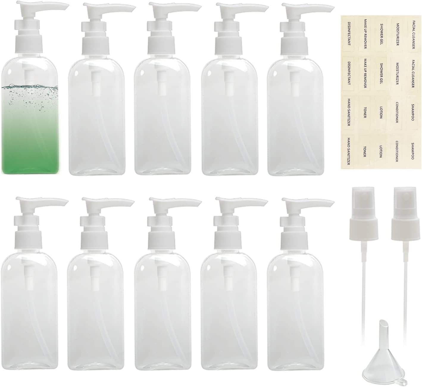 Travel Dispenser Set - 10pcs Clear Plastic Bottles with Pump & Mist Sprayer | Ideal for Soap, Shampoo, Conditioner, Body Wash