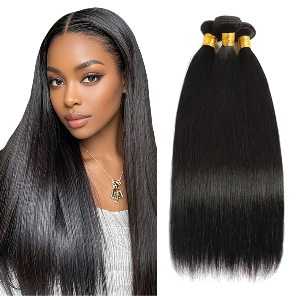 Human Hair Bundles #1B Straight Bundles 30 30 30 Inch Unprocessed Brazilian Virgin Hair Natural Color 3 Bundle 50 Gram Per Bundle Deals Quick Weave Hair Extensions