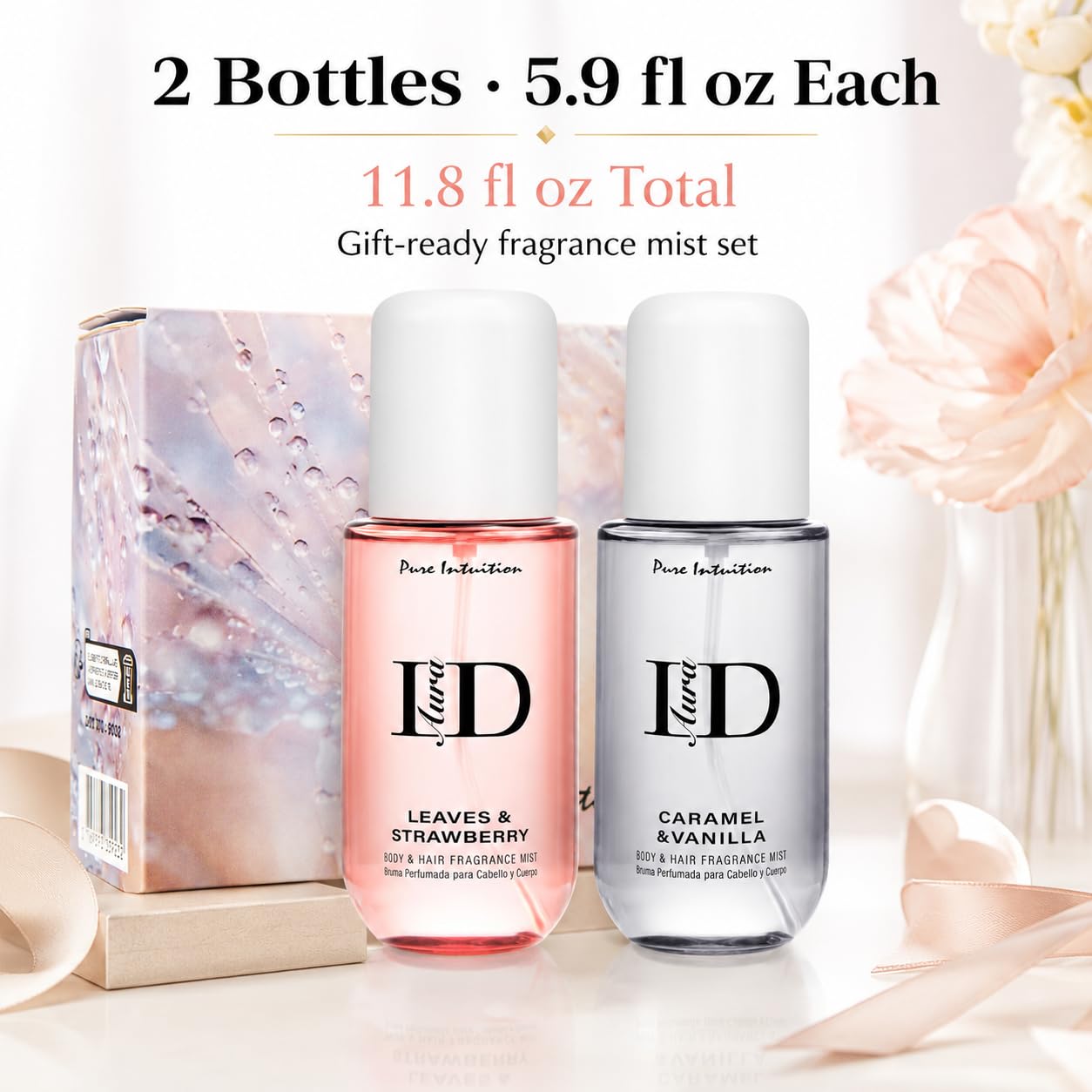 Caramel Vanilla & Strawberry Hair & Body Mist Gift Set - Lightweight Layerable Spray | 2 Pack, 5.9 fl oz Each