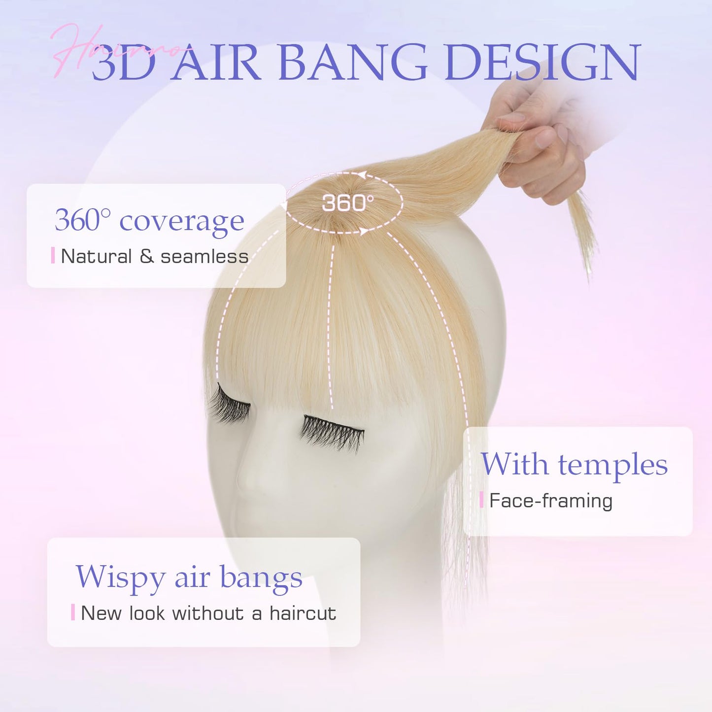 Hairro Clip In Bangs Real Human Hair Wispy Thin Fake Bangs Hair Clip 3D Cover French Curtain Bangs Platinum Blonde 8 Inches 10g #60