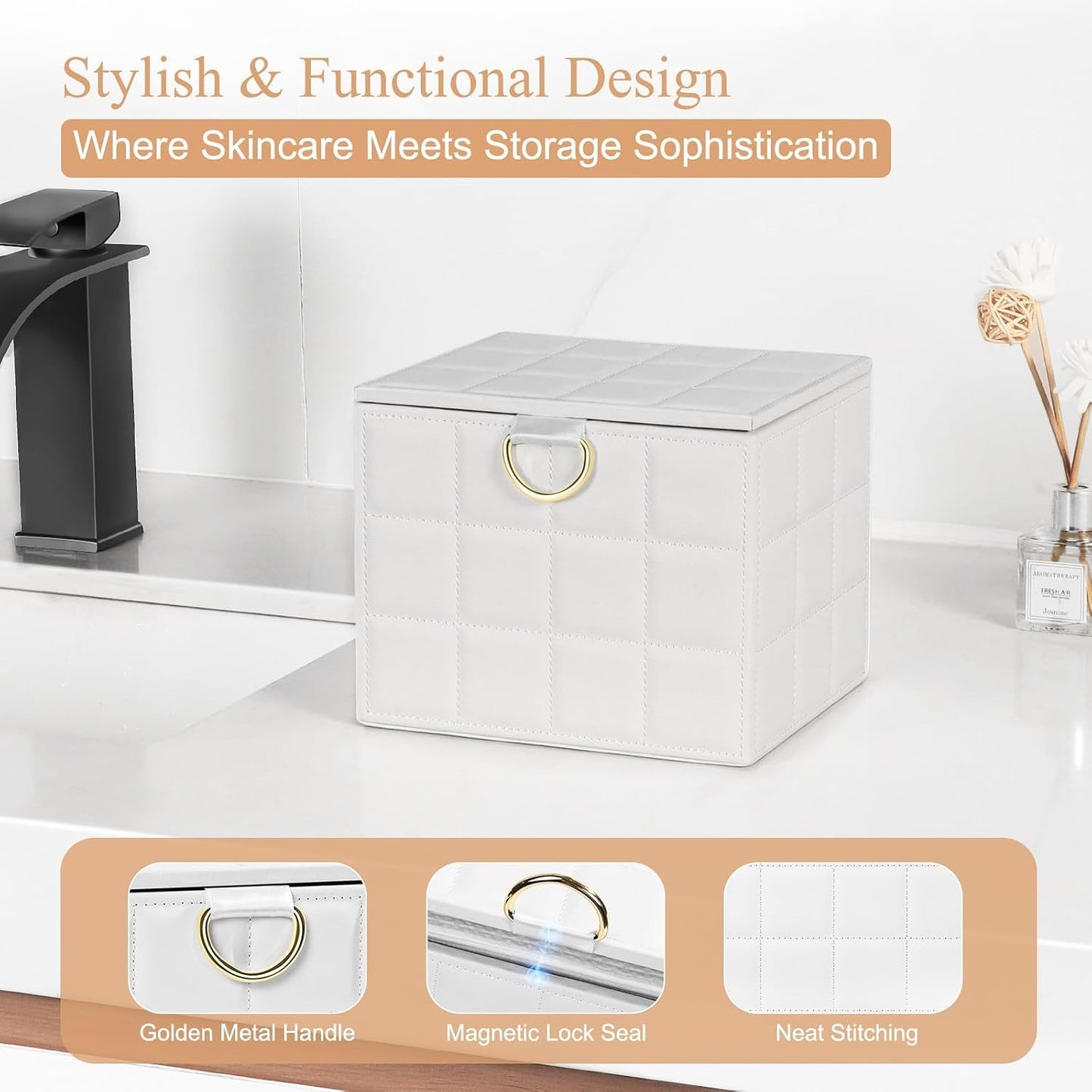 Disposable Face Towel Holder Box - White PU Leather Organizer for XL Clean Skin Towels | Bathroom Storage Solution