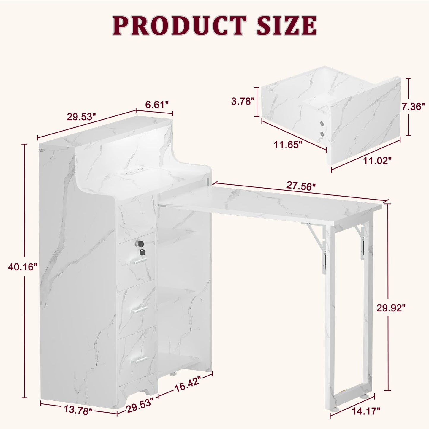 DUDUSHIMAN Foldable Nail Desk for Nail Tech, L Shape Manicure Table with Cabinet Drawer & Built-in Charging Station, Portable Nail Table for Beauty Salon Workstation (Marble)