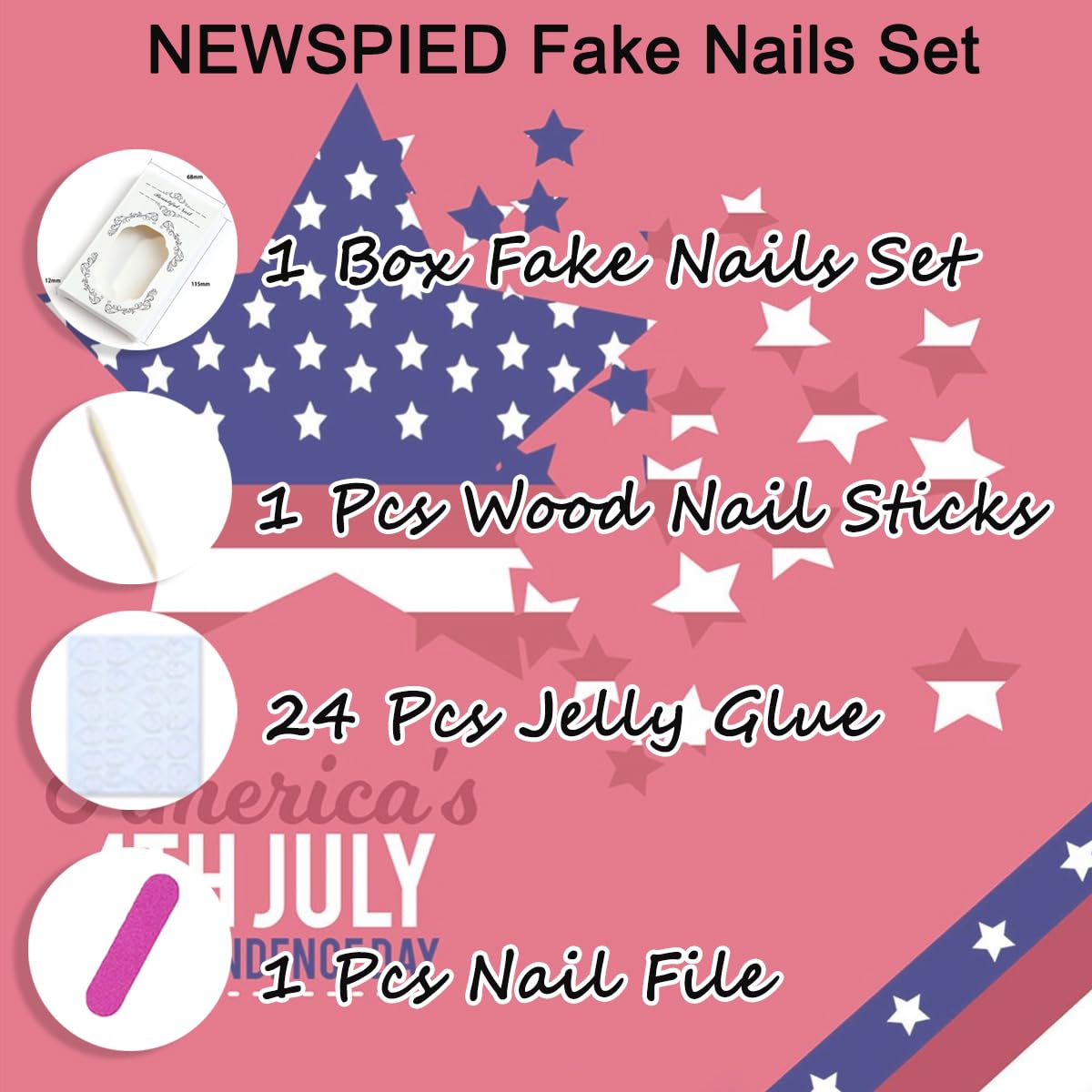 24Pcs 4th of July Press-On Nails | Short Square French Tip with Patriotic Red, White, and Blue Designs