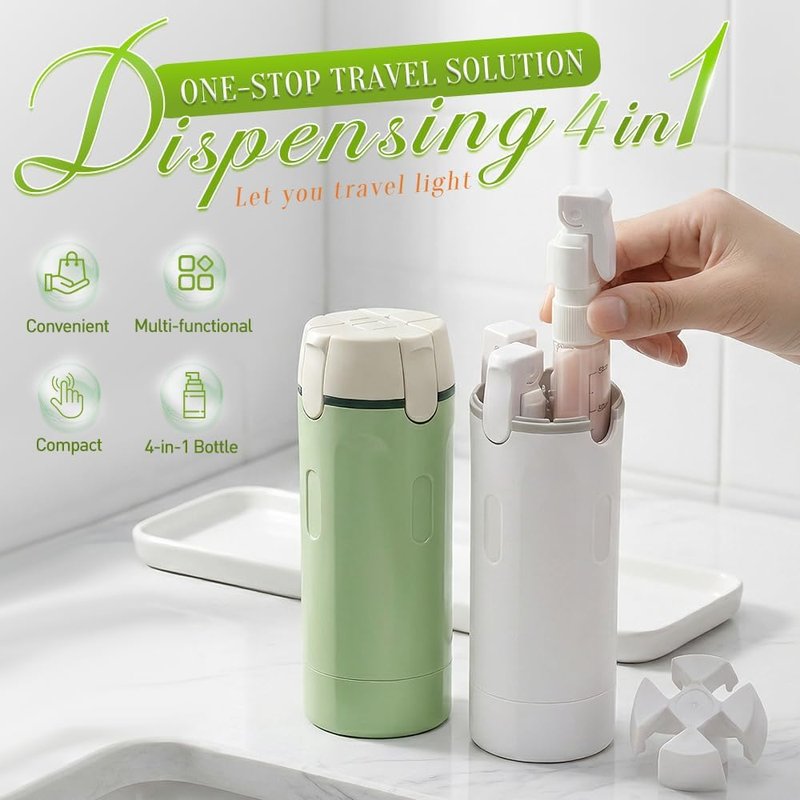 Travel Dispenser - 4-in-1 Portable Toiletry Bottles for Shampoo, Lotion, Conditioner | Travel Size Containers (Green)