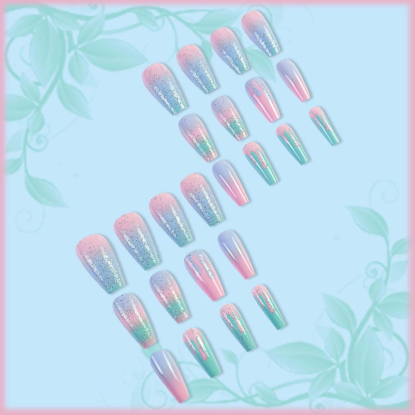 Rainbow Gradient Coffin Nails - 24Pcs Macaron Design Acrylic Glitter Manicure | Medium Glossy Finish
