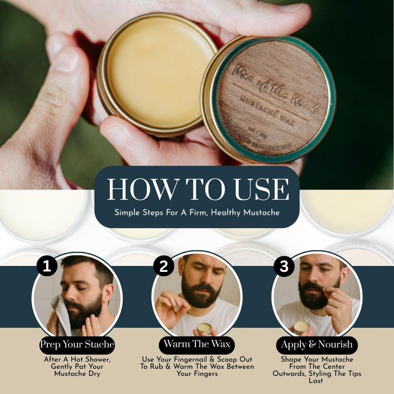 The Bearded Brotherhood TBB Man of the Woods Mustache Wax – Strong Hold Grooming Wax with Cedarwood, Patchouli, Sandalwood & Vanilla – Natural Styling Balm for Men, 1 oz
