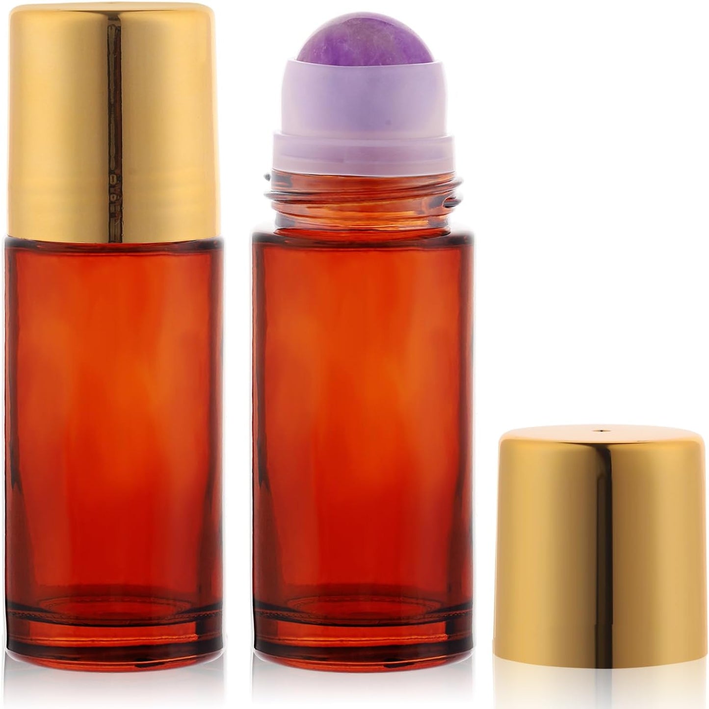 Large Amber Glass Roll-On Bottles for Essential Oils | 2-Pack Refillable Roller Ball Applicators with Purple Crystal Rollerball