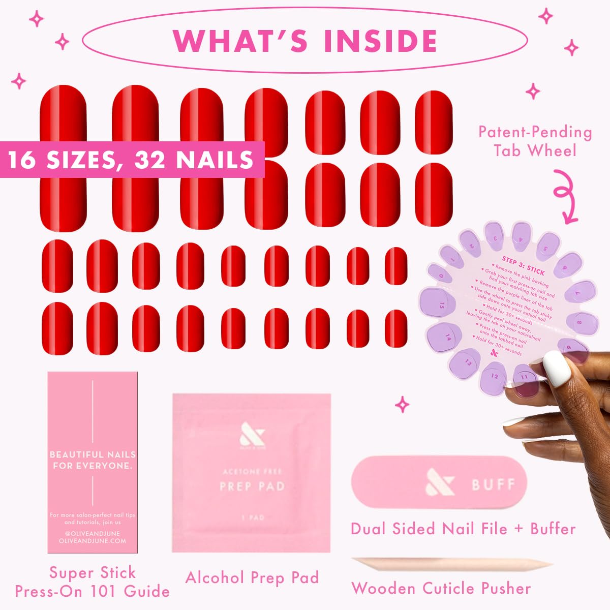 Olive & June Classic Super Stick Mani Summer Press On Nails | No Glue Needed | 32 Tab Nails 16 Sizes | Non-Toxic Tabs Easy On-Off Non-Damaging | 7-Day Wear | Short, Round | Lollipop Cherry Red