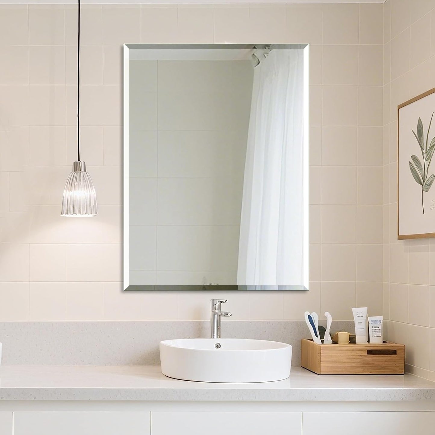 Frameless Bathroom Mirror - Rectangle Beveled Edge, Shatterproof Tempered Glass | 24" x 16" for Versatile Hanging