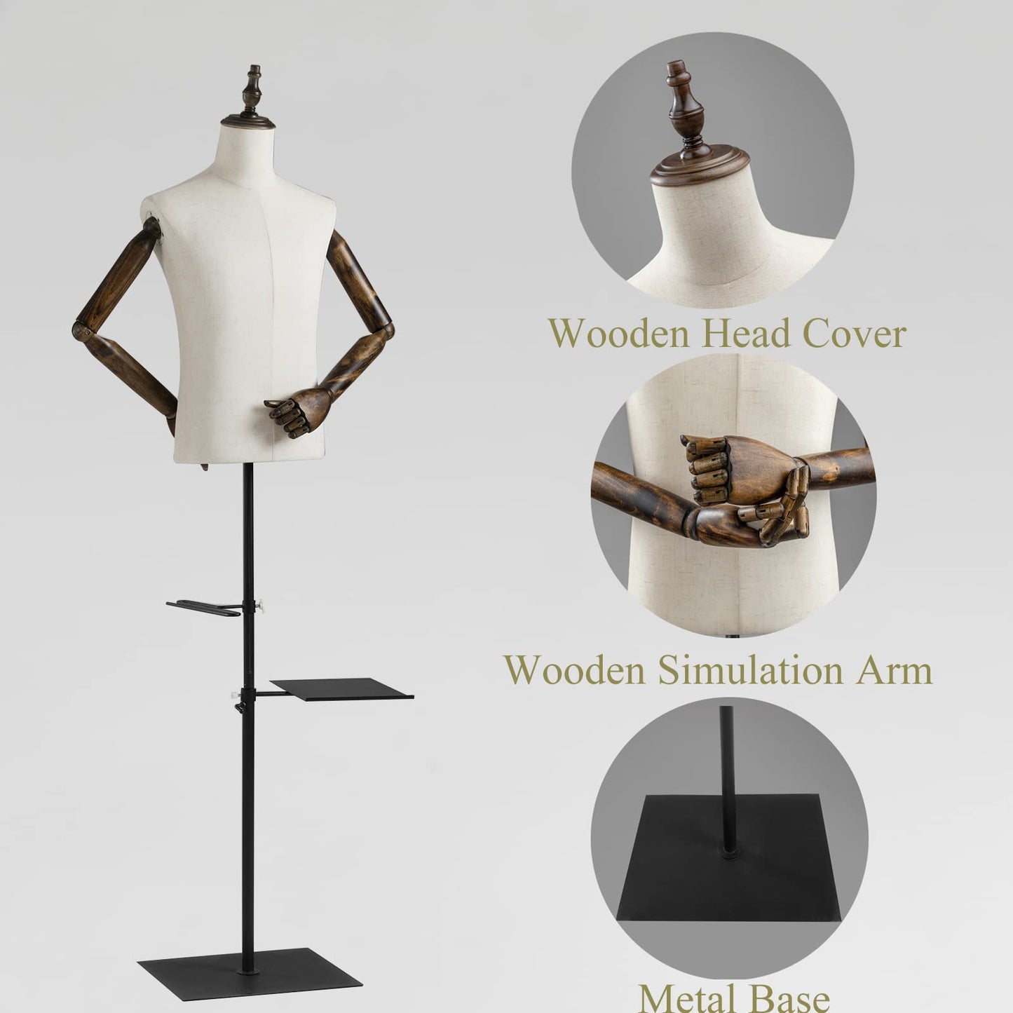53-76inch Male Mannequin Torso with Wooden Arms Metal Stand, Height Adjustable Dress Form Male with Detachable Trousers Rack and Shoe Holder, Pinnable Torso Display for Clothing Retail Sewing Shop