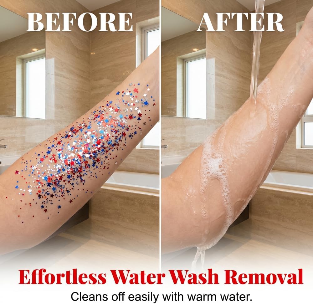 4th of July Glitter Stick | Red, White & Blue Hair & Face Glitter for Patriotic Makeup | Waterproof Body Glitter for Women