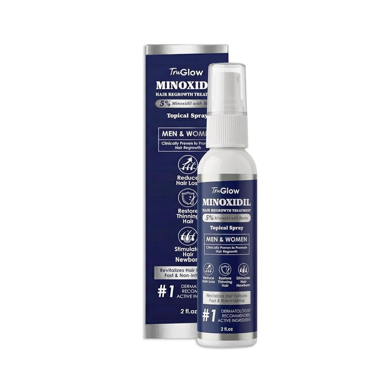 TruGlow 5% Minoxidil Hair Regrowth Treatment Spray - Unscented Scalp Solution for Thinning Hair | 2 oz