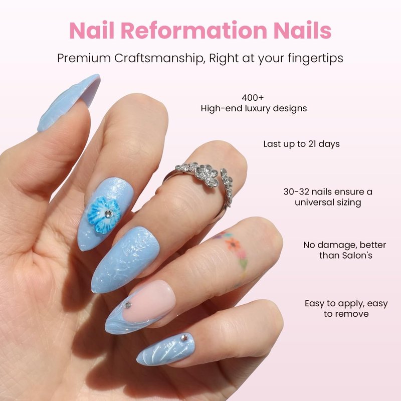Press On Nails - Blue Agate Medium Almond Fake Nails with French Tip & 3D Flowers | 30-Piece Reusable Nail Kit for Women