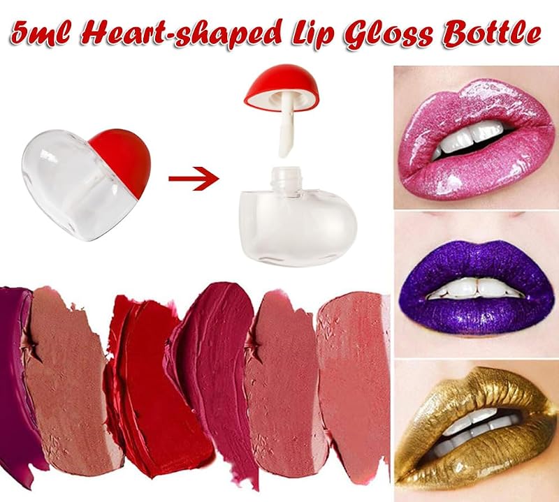 Heart-Shaped Lip Gloss Containers 5ml Refillable DIY Makeup Bottles - Set of 5