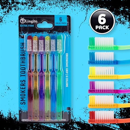 Lingito Extra Firm Manual Toothbrush Set for Smokers - Large Head, Hard Bristles, 6 Pack