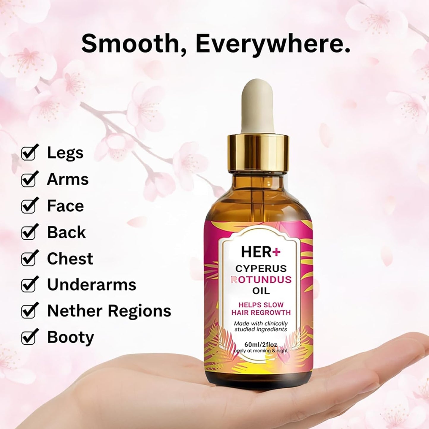 Her+ Hair Removal Oil - 60ml Organic Cyperus Rotundus Serum for Smooth Skin | Moisturizing & Soothing with Peppermint
