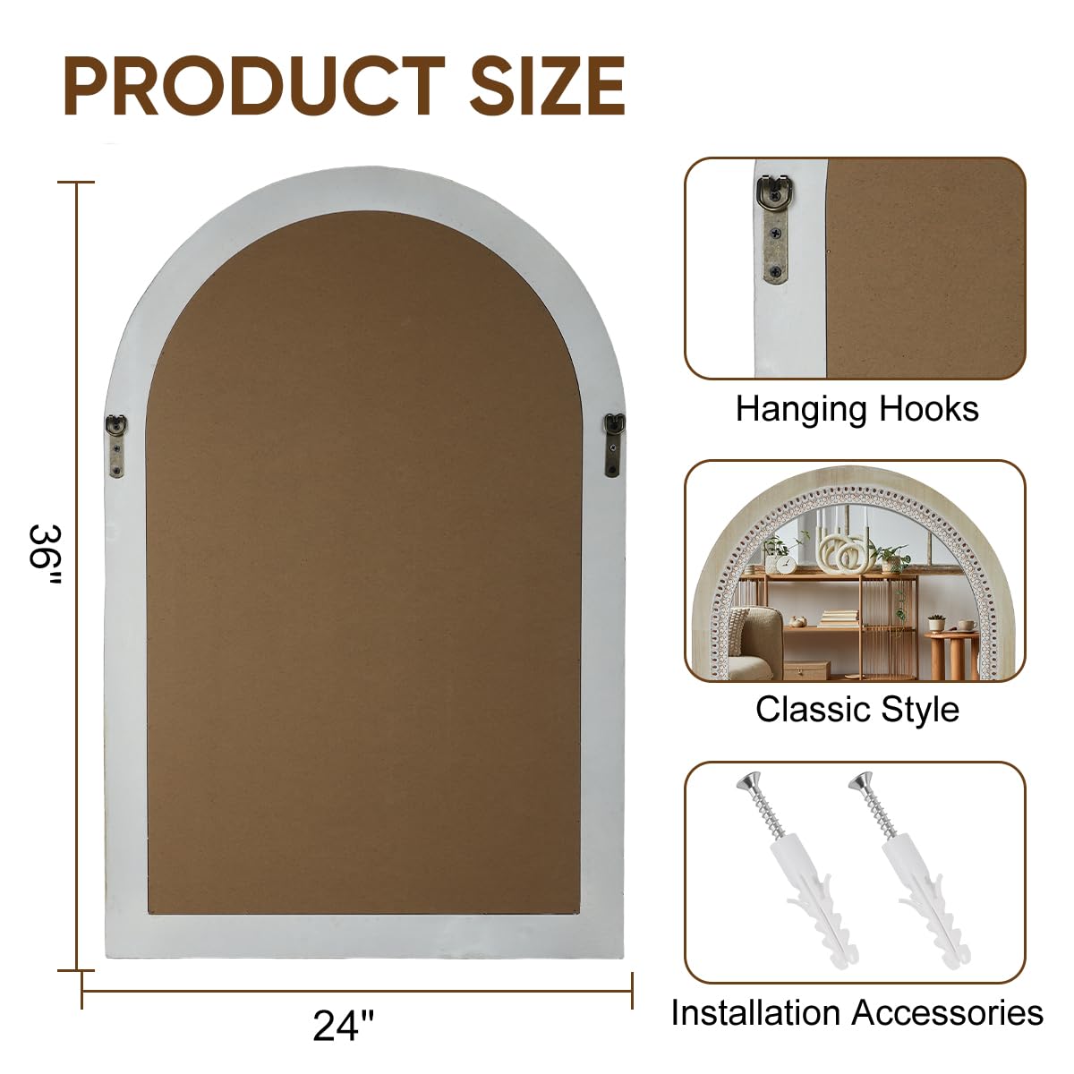 Arched Wooden Mirrors for Farmhouse Wall Decor Arched Wood Frame With Beads Details, Rustic Large Bathroom Vanity Mirrors for Bathroom, Over Sink, Bedroom, Living Room, Entryway,Foyer (36''Lx24''W)