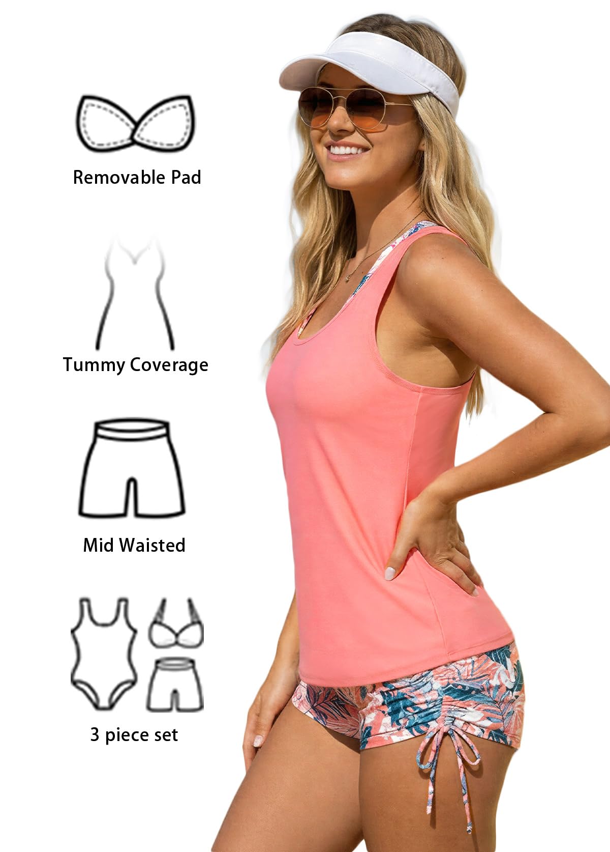 MODLILY Classic 3 Piece Tankini Swimsuits for Women, Solid Tank Top & Plants Print Sports Bra with Drawstring Board Shorts Peach Pink