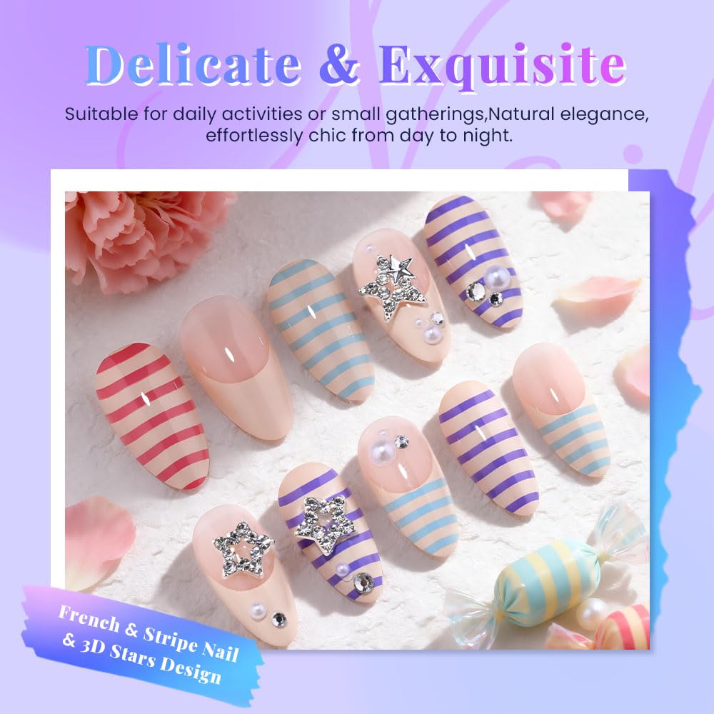 3D French Stripe Press-On Nails - Short Almond Sea Stars Design | Reusable Full Cover Fake Nails for Women