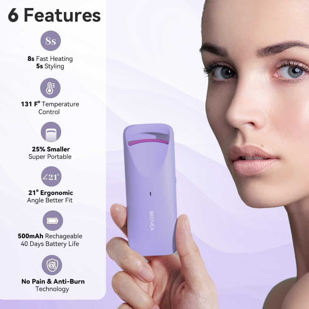 Heated Eyelash Curler - Travel-Friendly Electric Curler with Heat Sensitive Silicone Pad | Fast Heat-Up in 8 Seconds, Rechargeable Mini Size