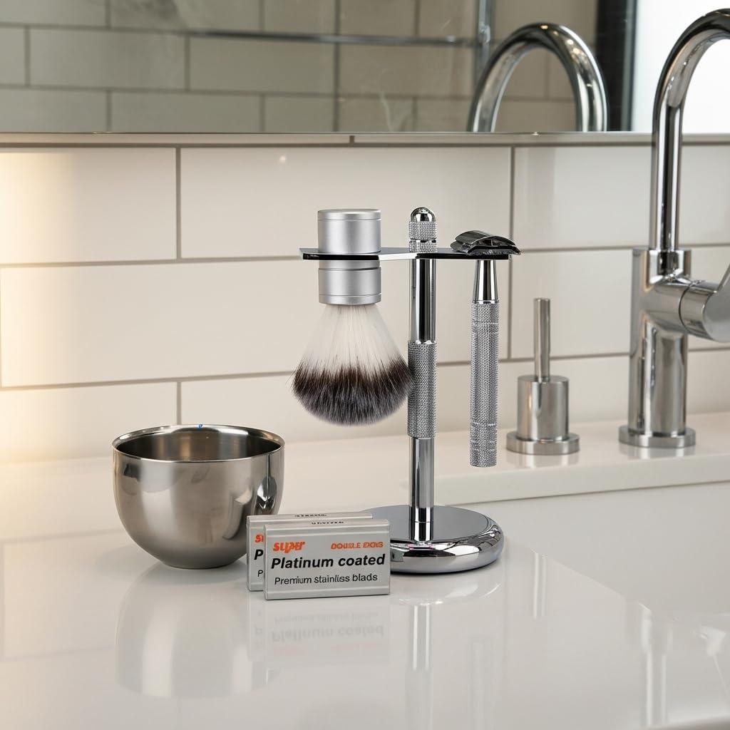 Men's Shaving & Grooming Set, Double Edge Safety Razor, Shaving Brush, Razor & Brush Stand,10 Blades, Shaving Bowl, Valentine Gift For Men, Gift for Fathers/Dads (Silver)