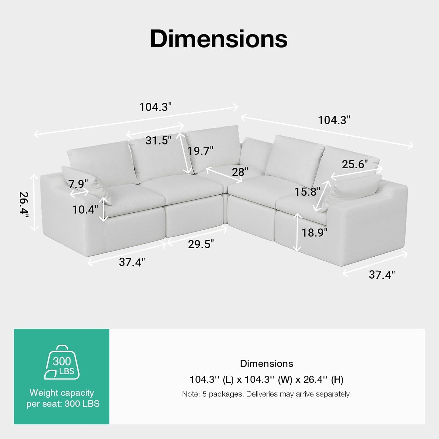 Modular Cloud Couch - Modern Sectional Sofa with Smart Coil® Support | Chenille Fabric, 5-Seater, White