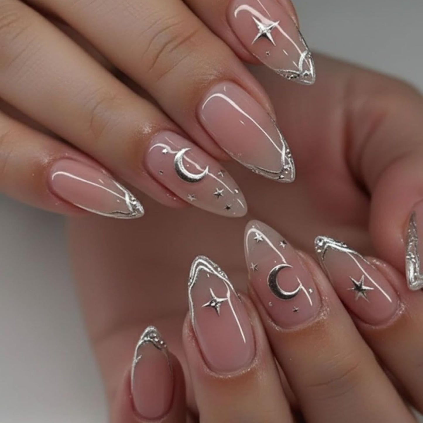 Flower Nail Press Ons - French Tip 3D Floral Butterfly Acrylic Nails | Glossy Pink Medium Almond Full Cover - 24 Pcs