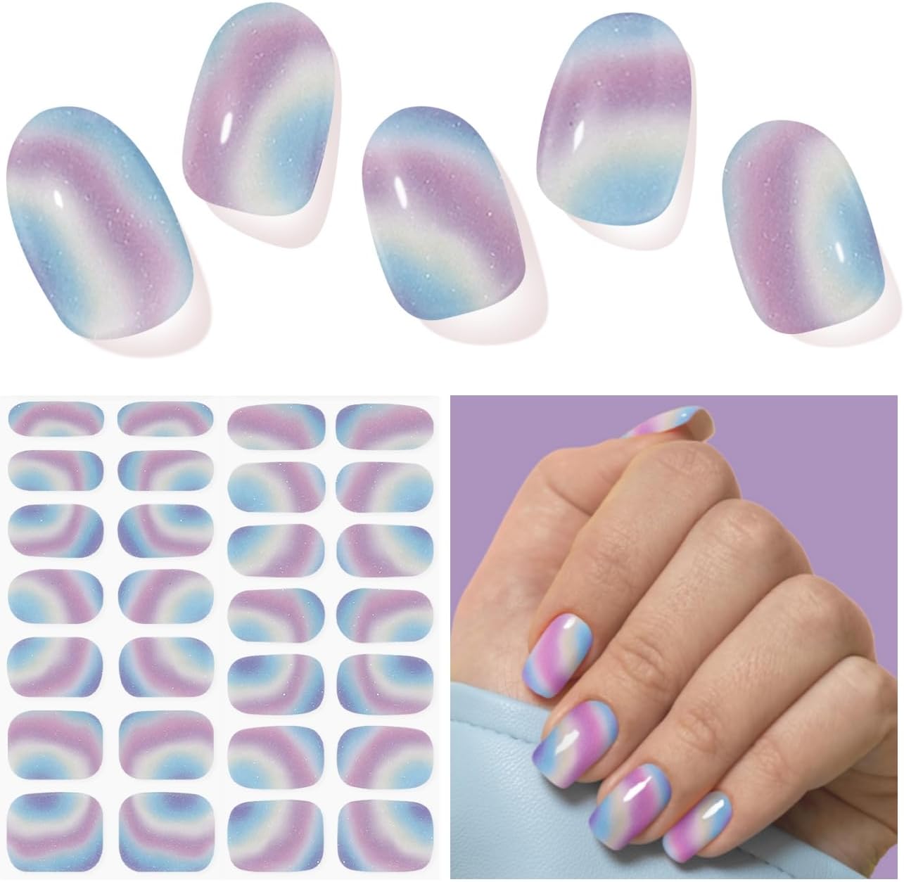 Gel Nail Strips - Semi-Cured UV Nail Stickers for Long-Lasting Manicure | 28 Pcs Light Blue