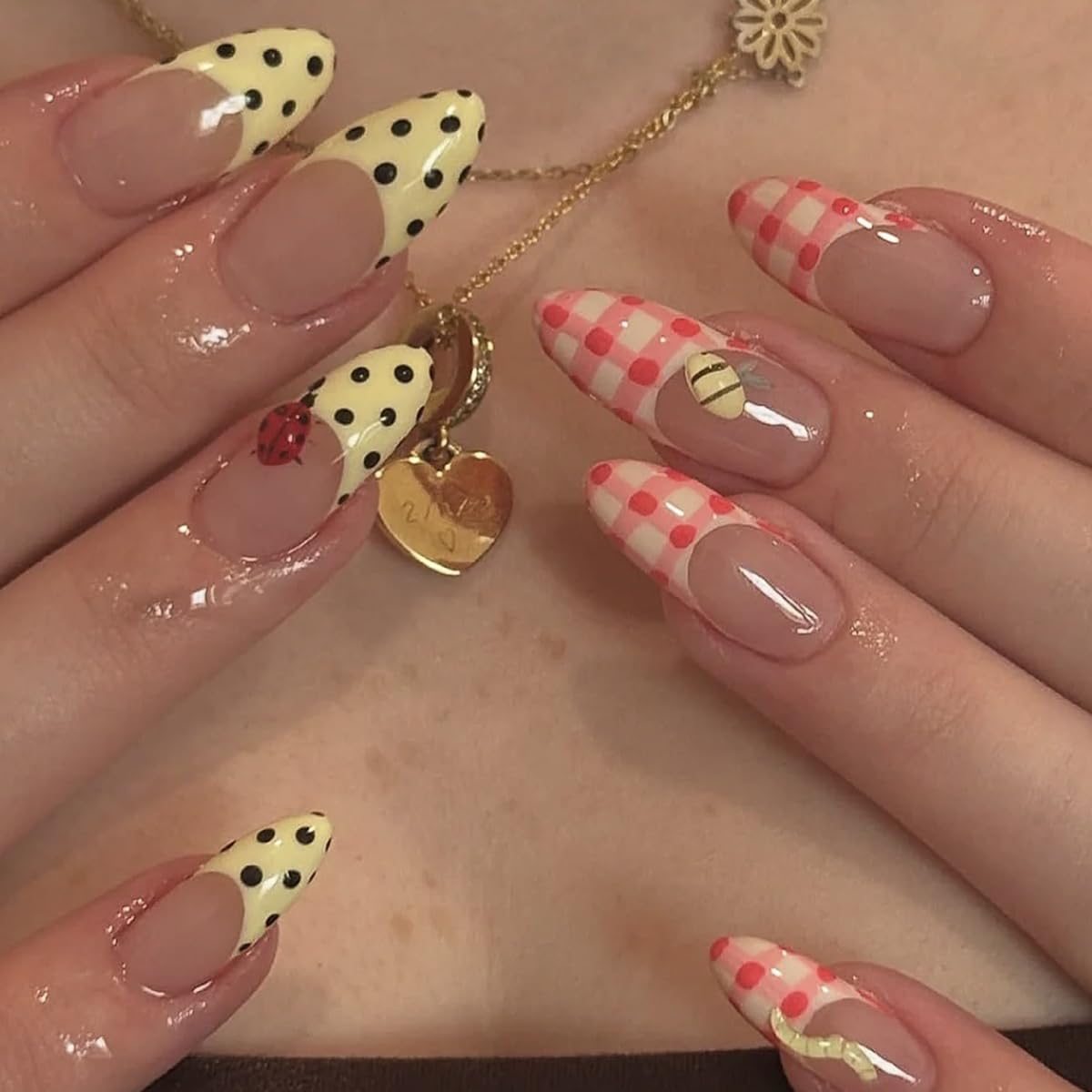 Almond Yellow French Tip Press-On Nails - Ladybug & Green Leaves Design | Reusable Full Cover 24 Pcs for Spring/Summer Manicure