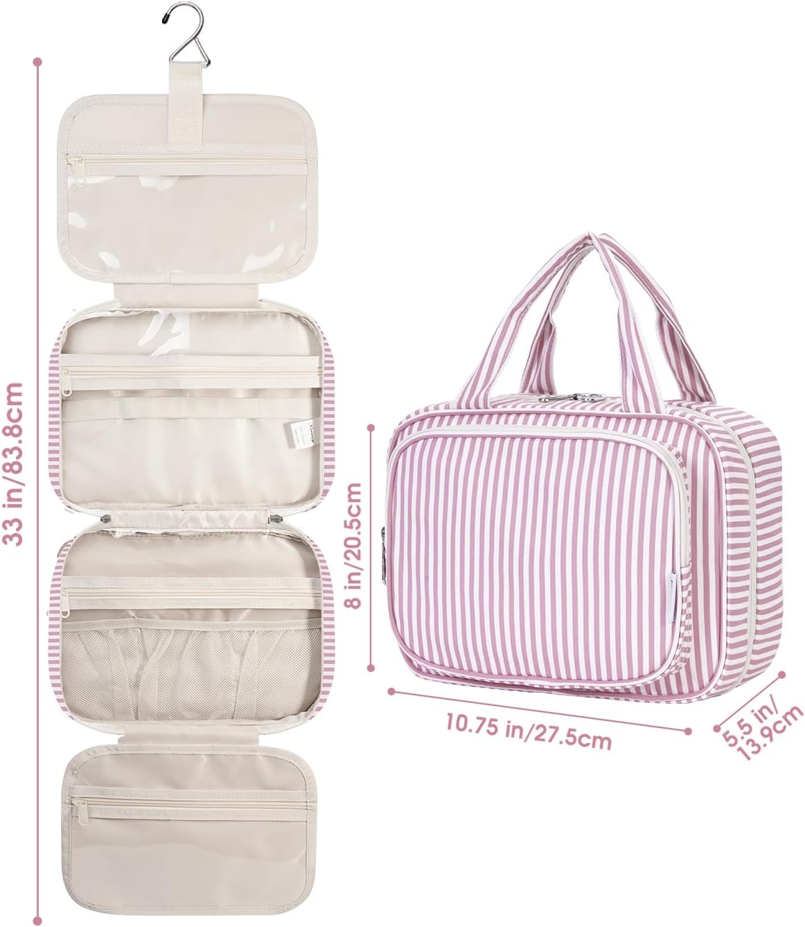 Striped Hanging Toiletry Bag for Women - Travel Makeup Organizer | Medium Dusty Pink Stripe