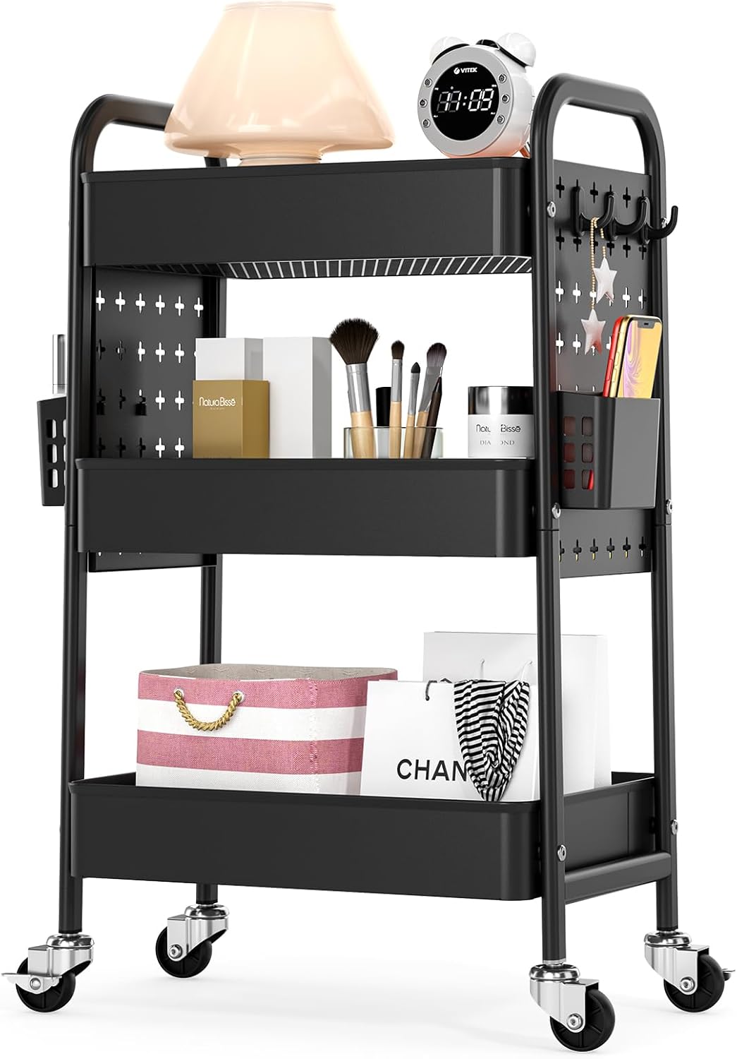 Metal Rolling Storage Cart - 3-Tier Utility Mobile Trolley with DIY Pegboards & Baskets | Pure Pink