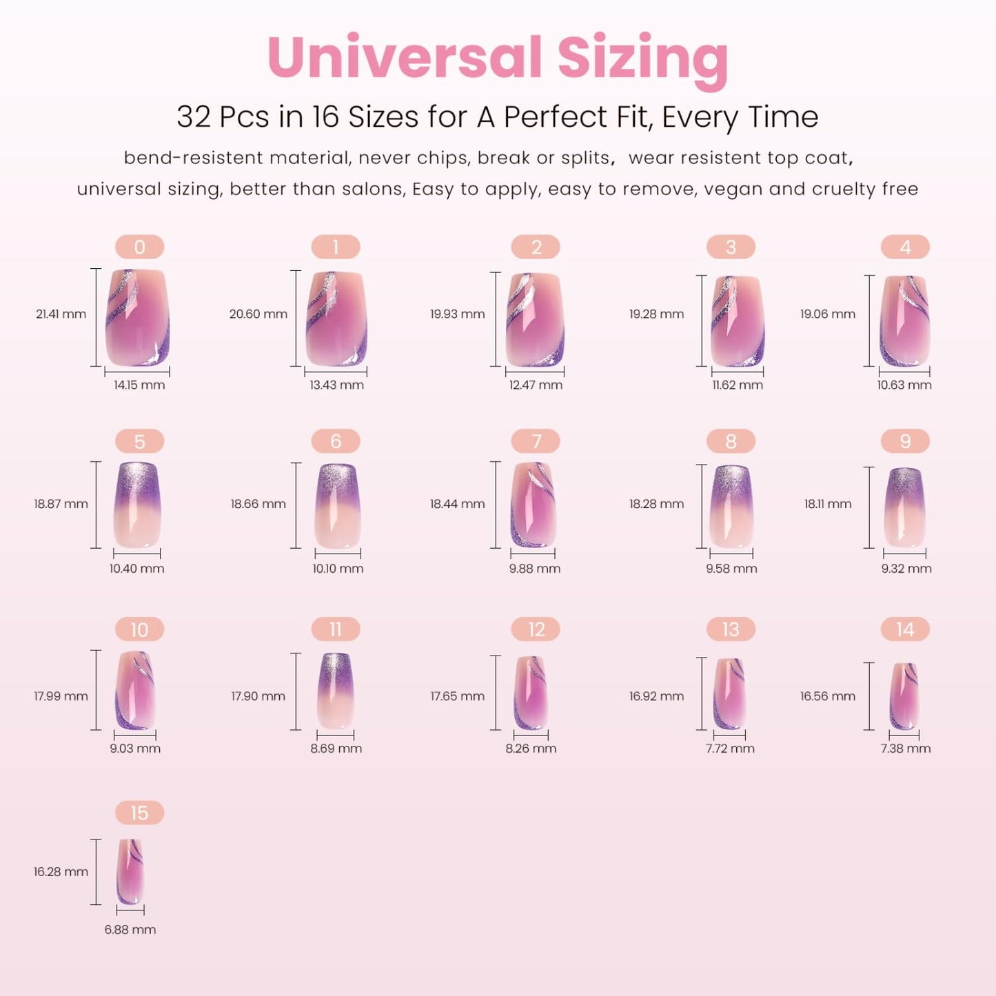 Nail Reformation Press On Nails, Purple Hour | Short Coffin Fake Nails with Violet Ombre & Shimmery Metallic Ribbon Design, Reusable Stick On Nails Kit - 32 Pcs in 16 Sizes, Manicure Gifts for Women