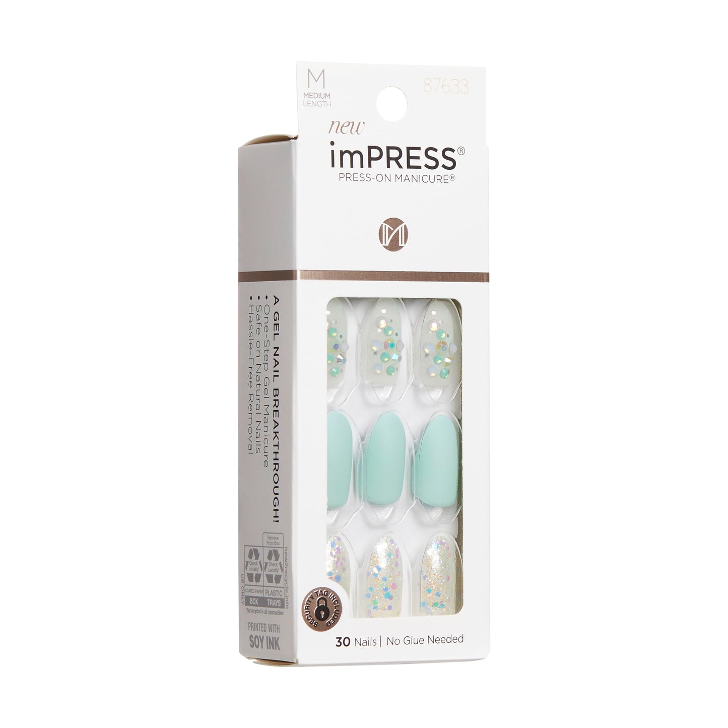 KISS Impress Press-On Manicure Fake Nails, Evergreen - Medium Length, Almond Shape, Polish-Free Mint Green with Glitter Design Mani, Includes Prep Pad, Mini File, Manicure Stick, and 30 Fake Nails