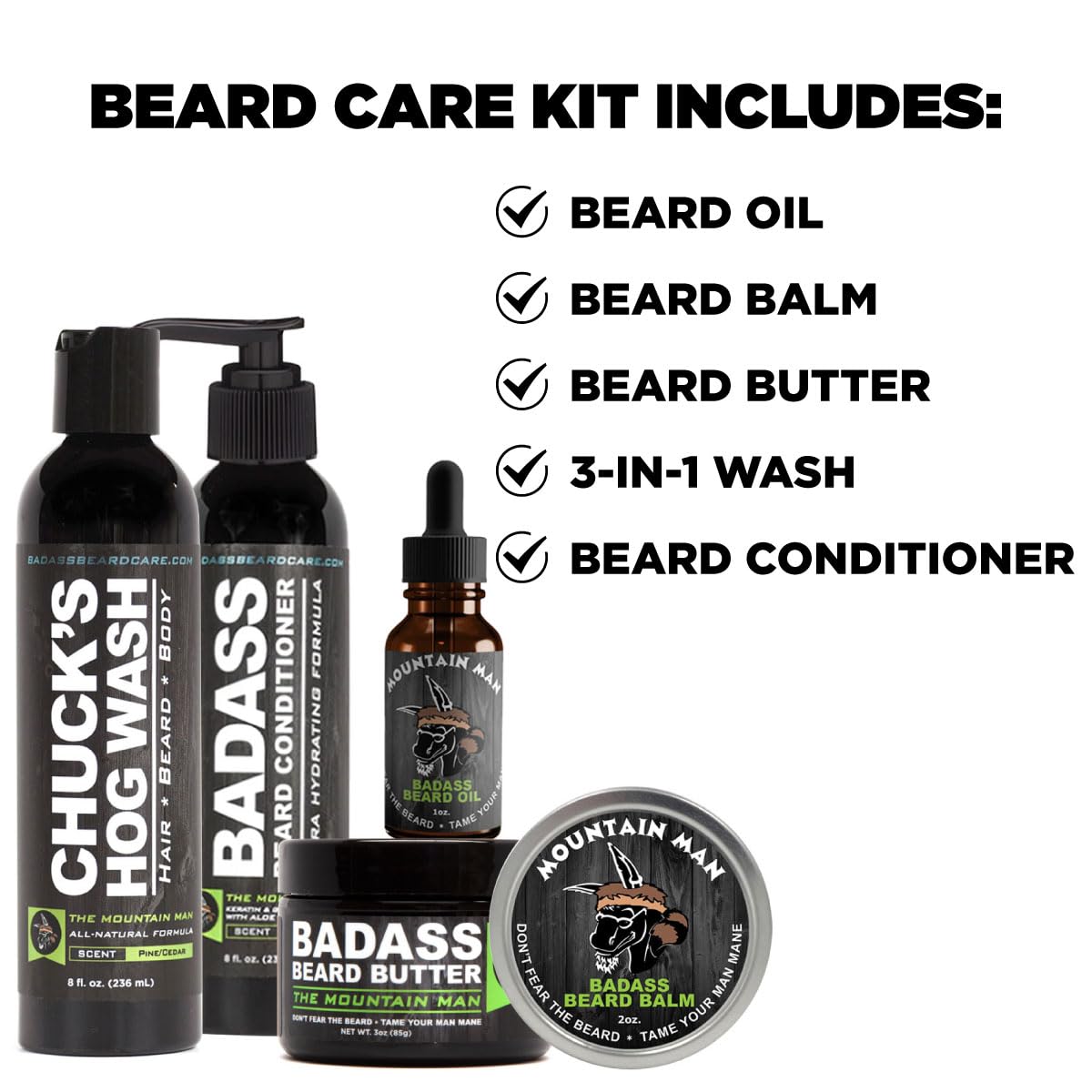 Badass Beard Care Complete Beard Care Kit - 5 Full Size Essentials - Includes Beard Oil, Beard Balm, Beard Butter, Wash and Conditioner - Promotes Fuller & Thicker Beard Growth (The Mountain Man)