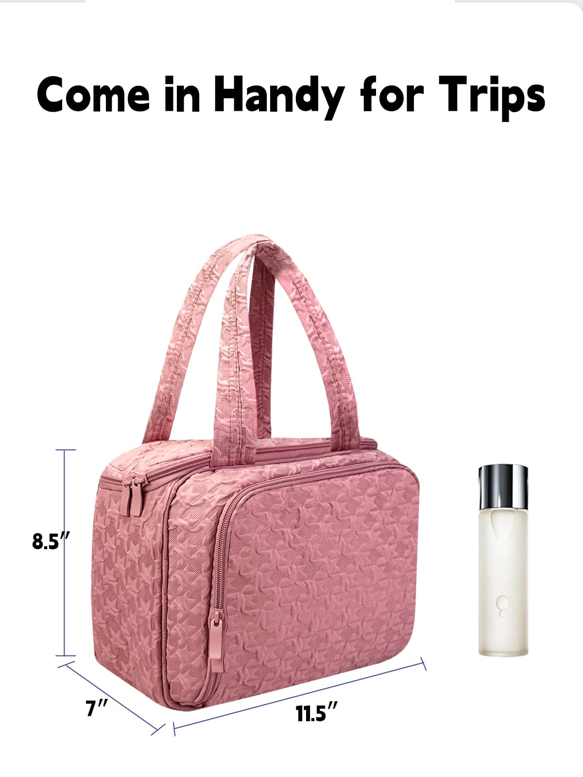 SMONT Hanging Toiletry Bag for Women, Large Waterproof Makeup Organizer with Hook, Travel Cosmetic Bag with Multiple Compartments for Gym, Swim, School, College Dorm Pink