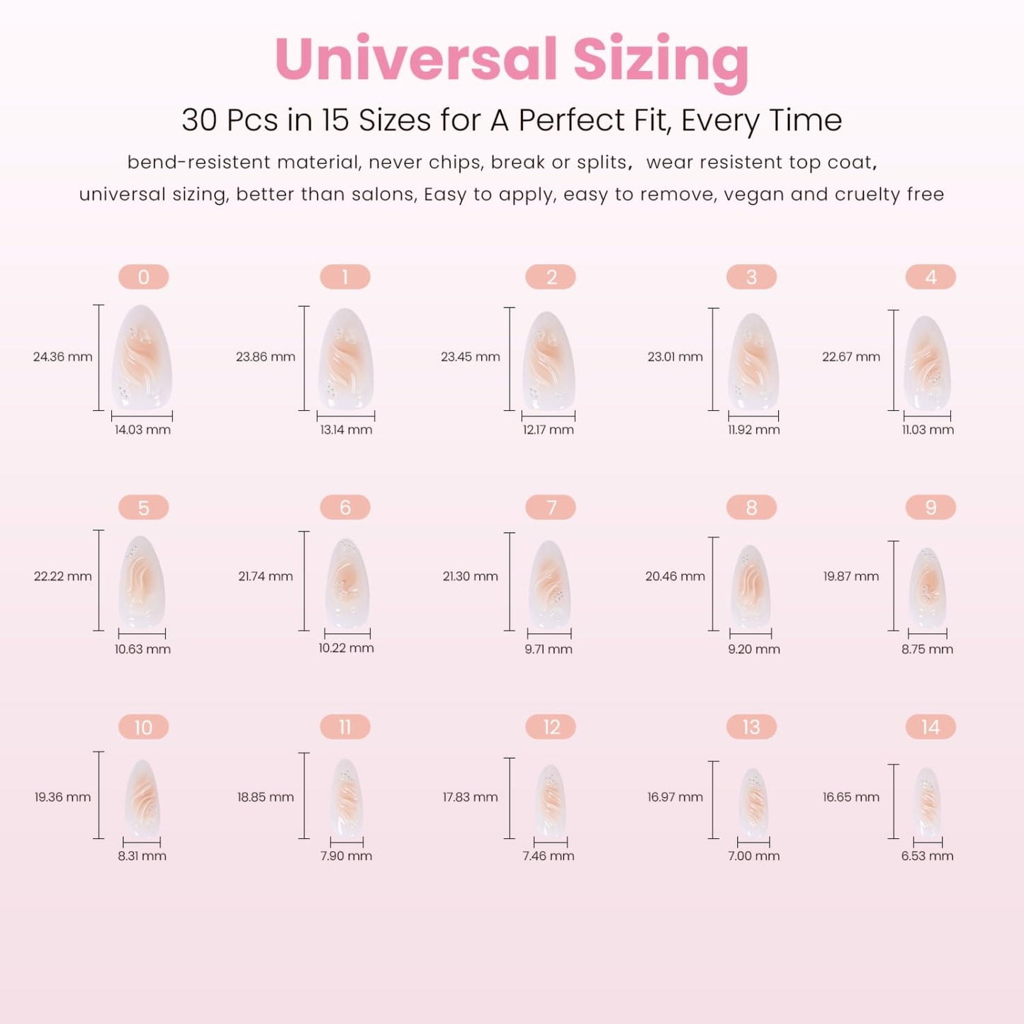 Nail Reformation Press On Nails, Shoreline Swirl | Milky Medium Almond Fake Nails with 3D Embossed Peach Swirls & Silver Glitter, Reusable Stick On Nails Kit - 30 Pcs in 15 Sizes, Gifts for Women
