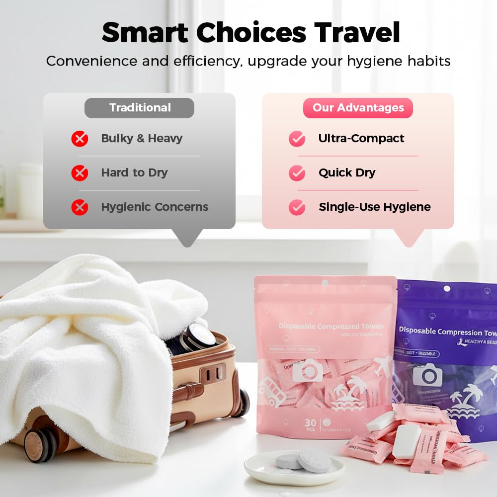 Spwejsr Compressed Towels Tablets, 30/60 Pcs Disposable Cotton Coin Tissue, Portable for Travel Camping Hiking, Soft Large Size Washcloth for Outdoor Sports Beauty Salon (Pink, 1 Set (30 Piece))