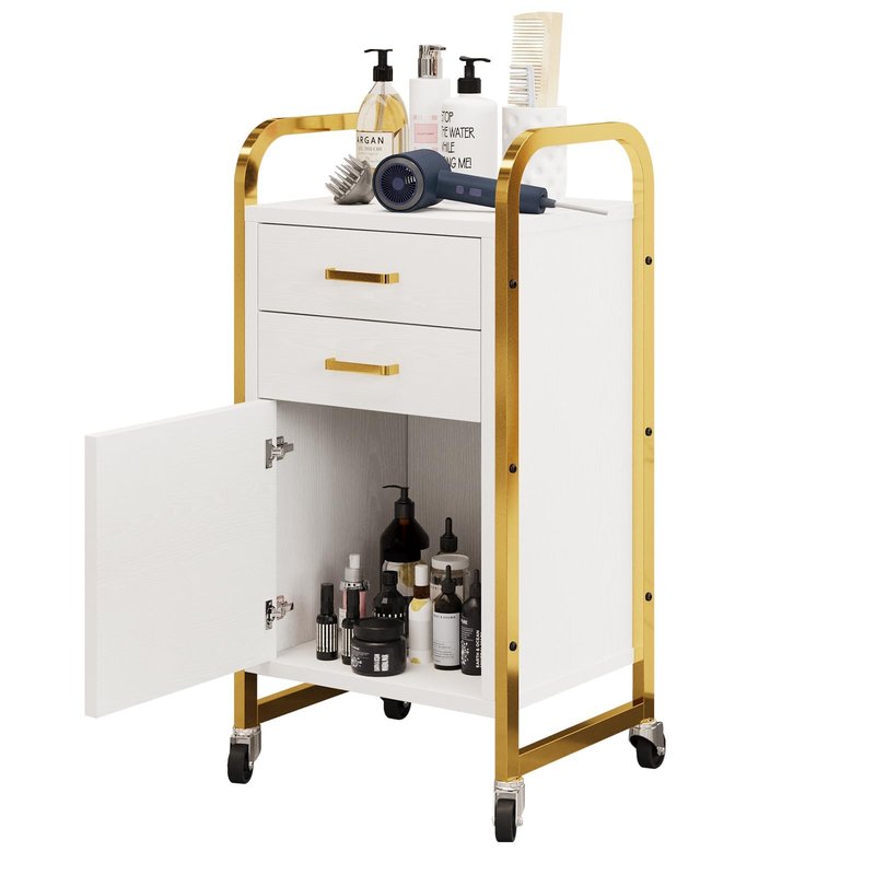 4ever2buy Salon Station for Hair Stylist, Rolling Salon Trolley Cart with Wheels, Beauty Barber Station with 2 Drawer & Cabinet, Mobile Storage Cabinet for Barbershop, Spa&Tattoo, White and Gold