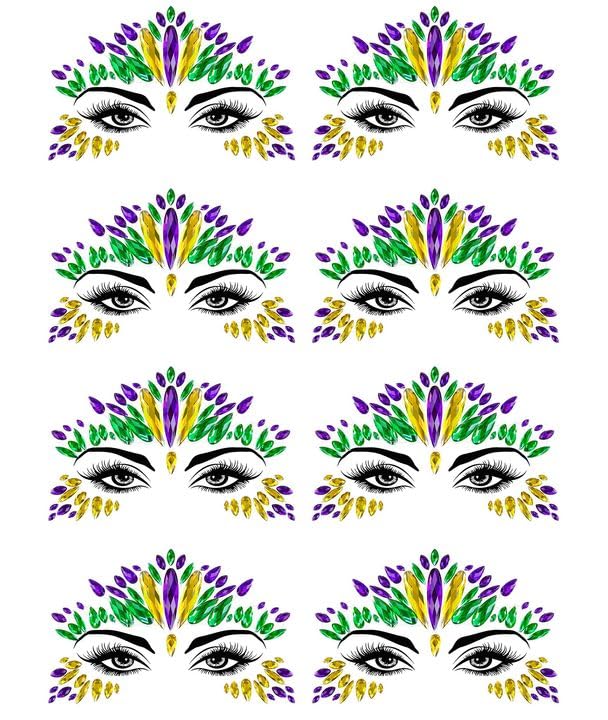 Wehhbtye Mardi Gras 8-Piece Face Jewel Stickers Self-Adhesive Glitter Eye Crystals