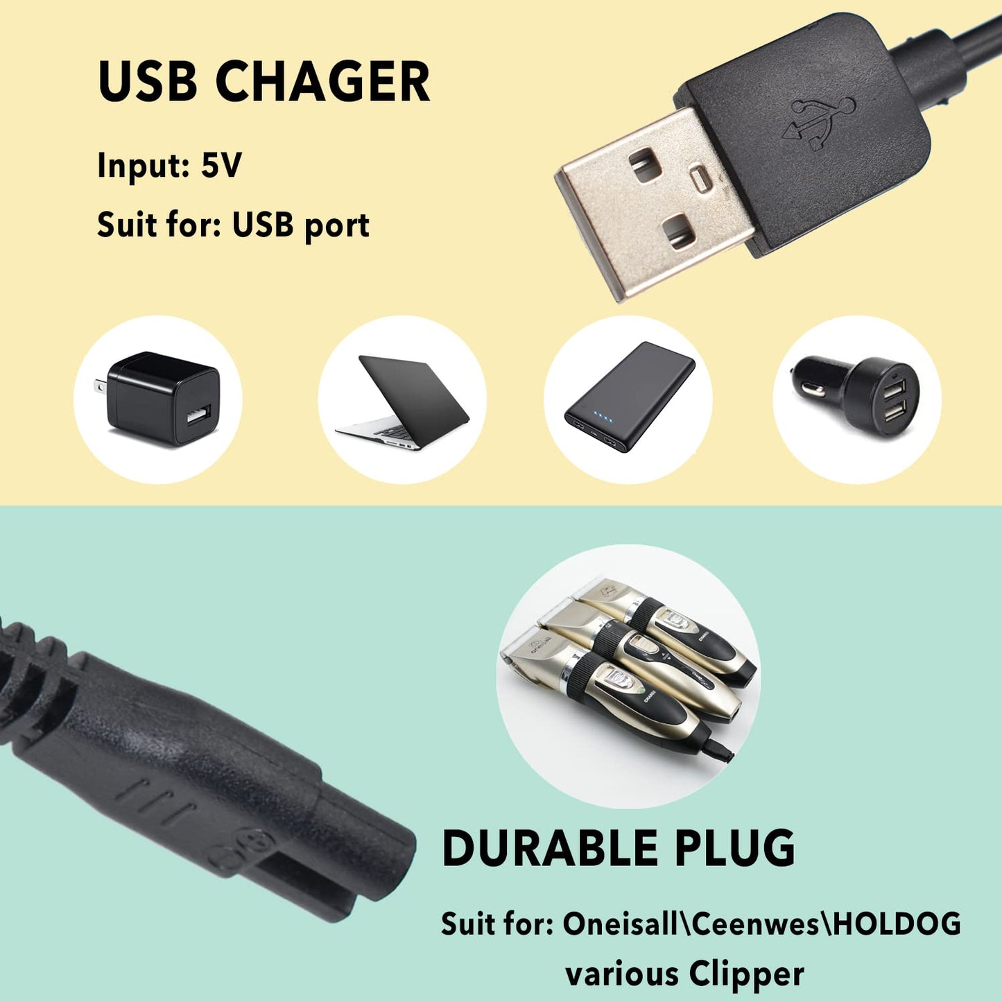BOEEA Universal Hair Clipper Charger Cord, Replacement Charger Cable Compatible with Various Dog Clippers,Fit oneisall Dog Clippers,Fit SUPRENT Hair Clippers etc, 5V Power Adapter Charging Line