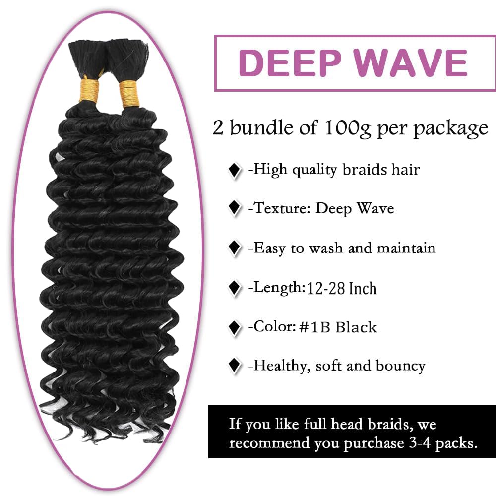 1B Boho Hair For Braiding Black Human Braiding Hair Pre Stretched Color 1B Deep Curly Wave Braids Natural Black Bulk Bohemian Braids HuxoWax 100g 24 24 Inch