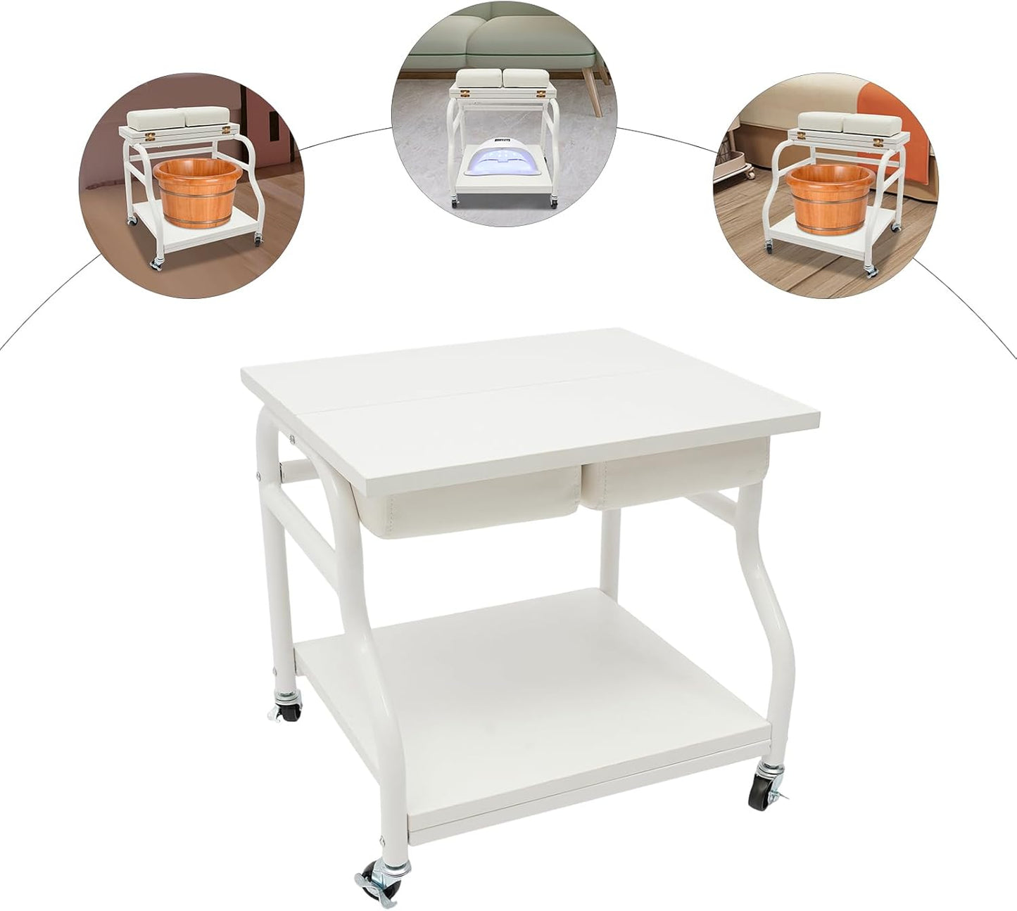 Pedicure Cart - 2-Tier Portable Foot Bath Trolley for Nail Salons | Foldable Rolling Manicure Storage Cart (White)