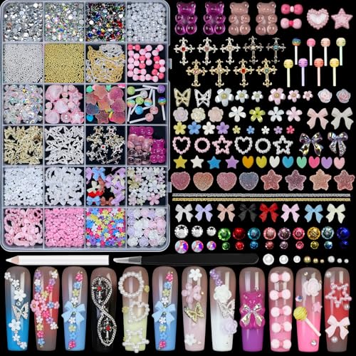 VYNELLE 24 Grid Nail Charms Multicolor Set - Flowers, Butterflies, Gems & Pearls
