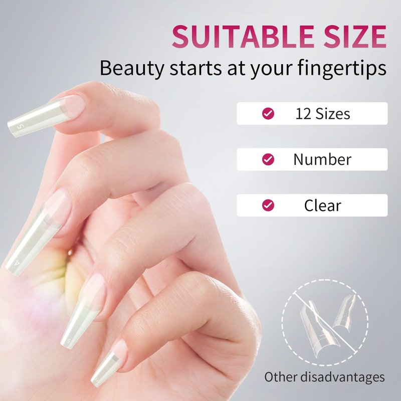 krofaue Natural Acrylic Nail Tips Square - 600PCS Half Cover Coffin False Nails 12 Size with Box for Salon and Home DIY