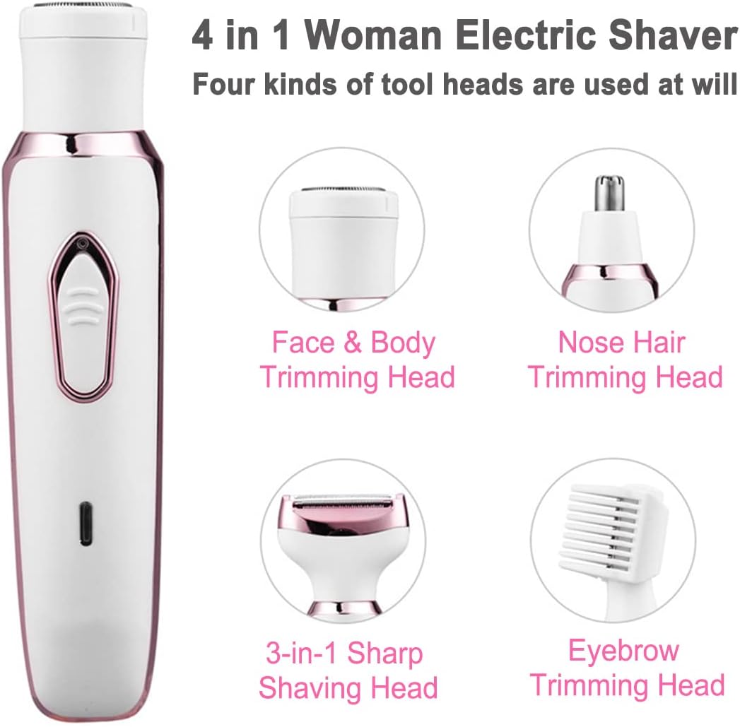 Electric Razor for Women - 4-in-1 Hair Trimmer for Face, Nose, Eyebrows, and Body | Painless Rechargeable Shaver Set