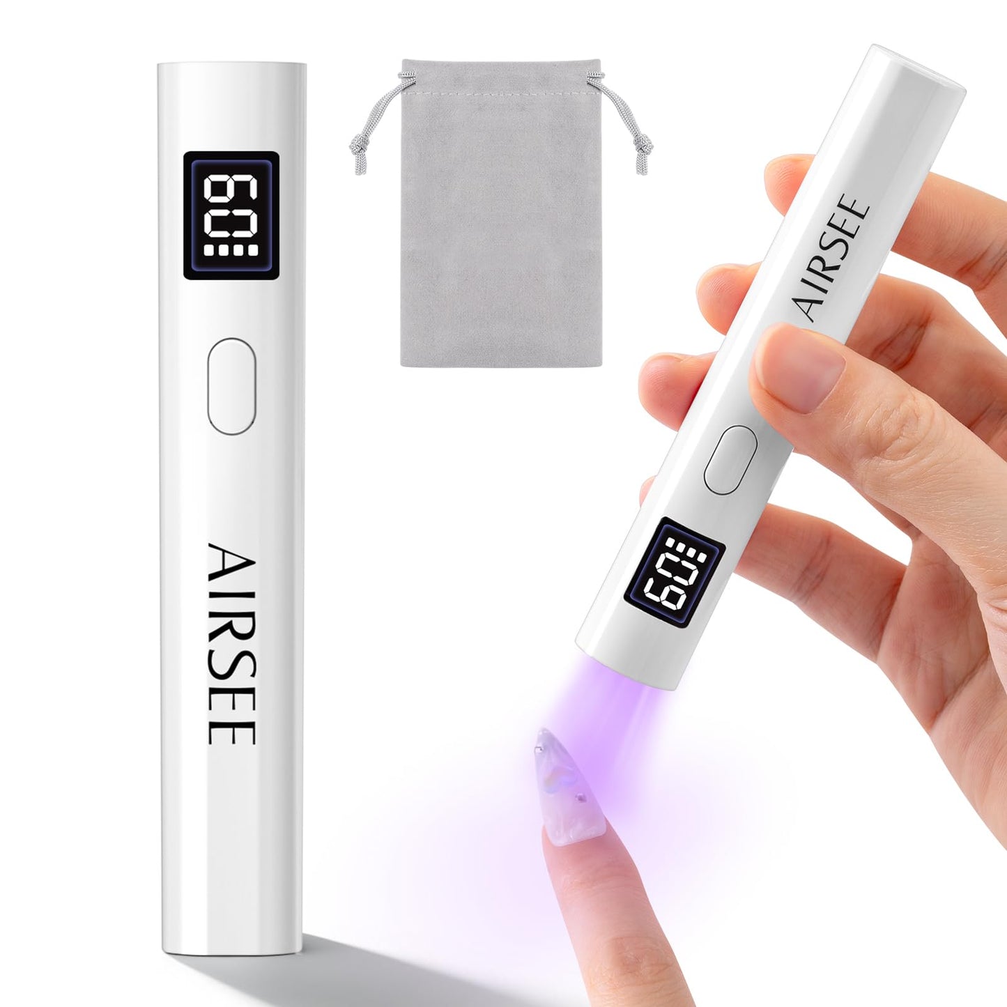 AIRSEE Mini Handheld UV Light with Storage Bag & LCD Display,Cordless Nail Lamps,2 Timers for Fast Cure All Soft Gels, Especially Rhinestone Glue and Gel Nail Strips at Home,Travel(White)